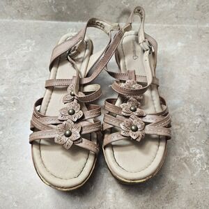 Baretraps Wedge Sandals Womens Size 10M Tan Fuchsia Floral Strappy Comfort Shoes